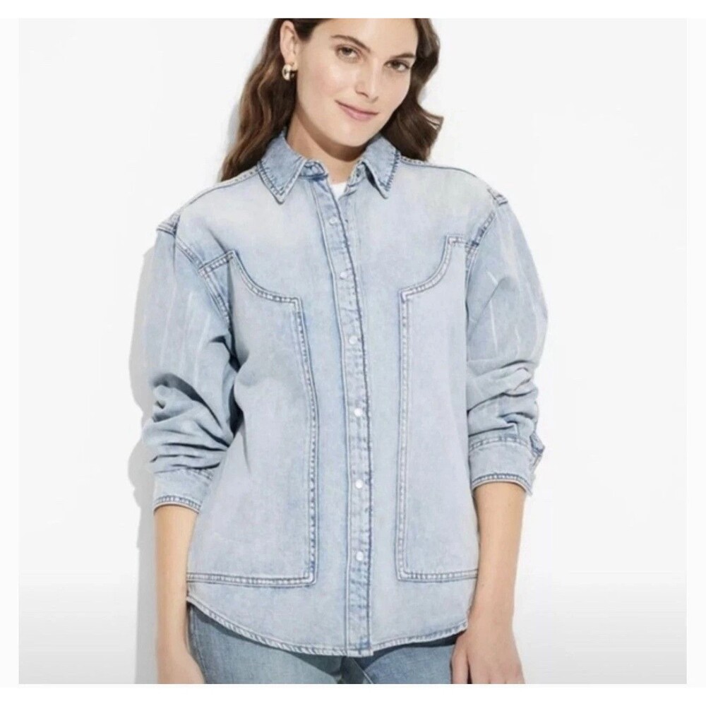 Wild Fable Shacket Shirt Womens L Light Wash Denim Pearl Snap Western Rodeo